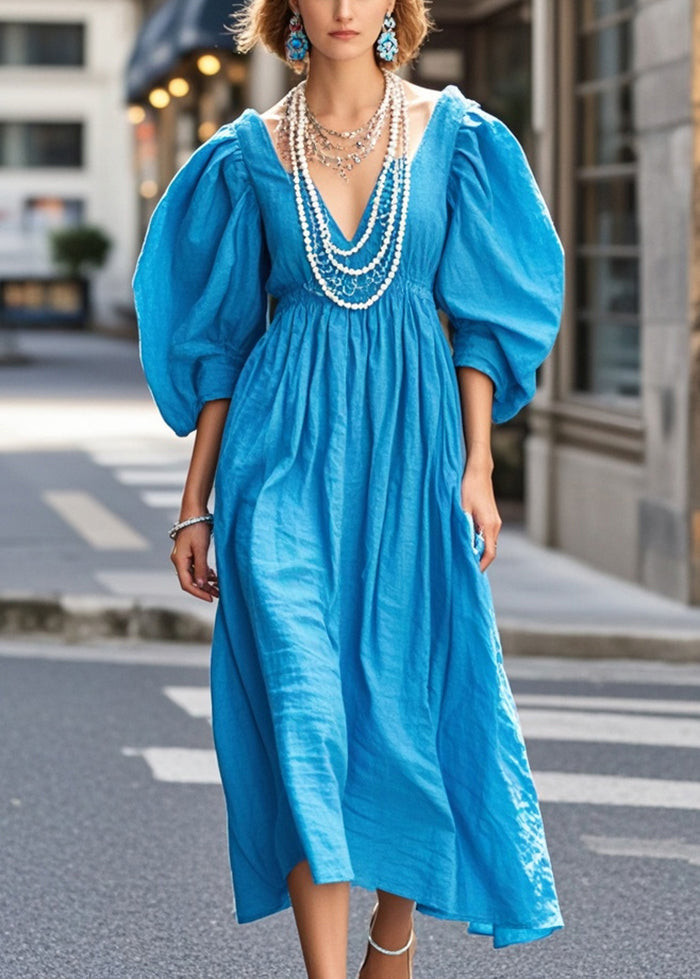 Blue Cotton Holiday Dress V Neck Puff Sleeve