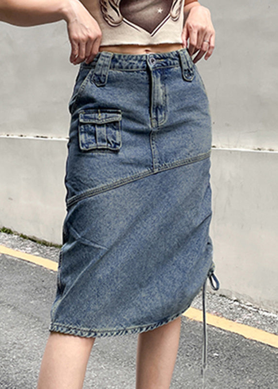Blue Drawstring Pockets Patchwork Denim Skirt Fall
