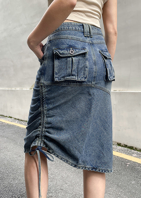 Blue Drawstring Pockets Patchwork Denim Skirt Fall