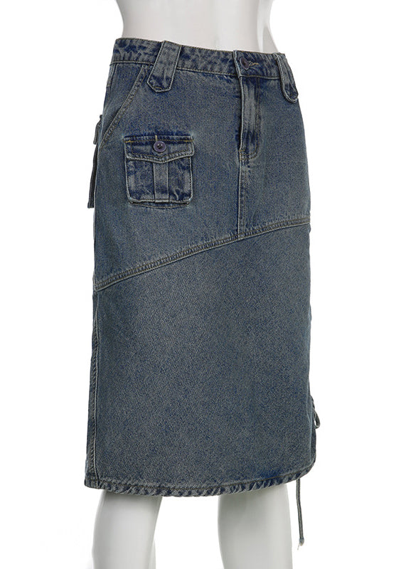 Blue Drawstring Pockets Patchwork Denim Skirt Fall