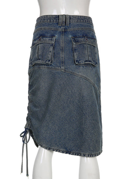 Blue Drawstring Pockets Patchwork Denim Skirt Fall