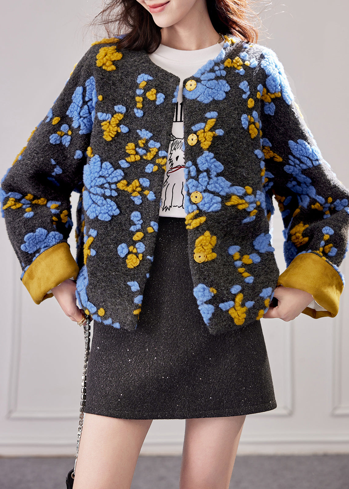 Blue Embroidered Button Duck Down Woolen Coat Winte