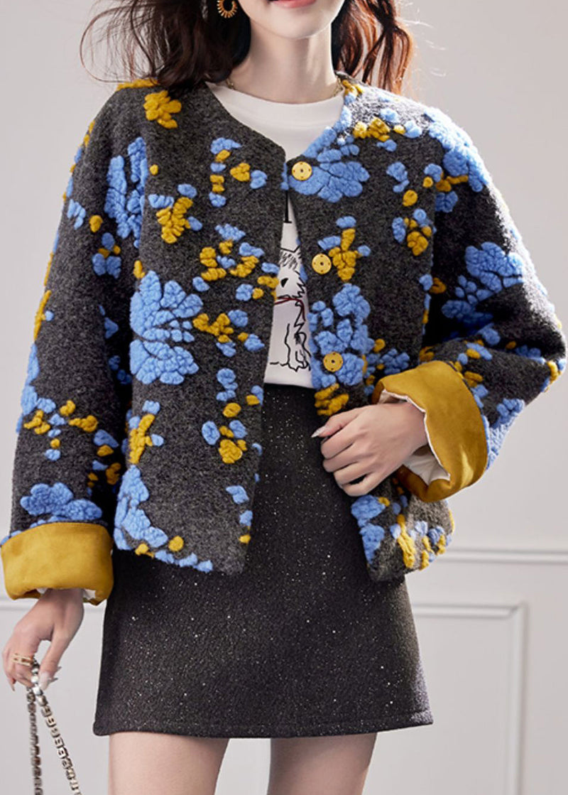Blue Embroidered Button Duck Down Woolen Coat Winte