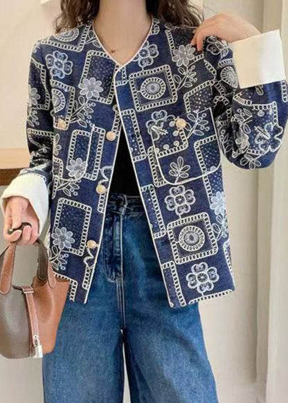 Blue Embroidered Sequins Denim Coats Spring