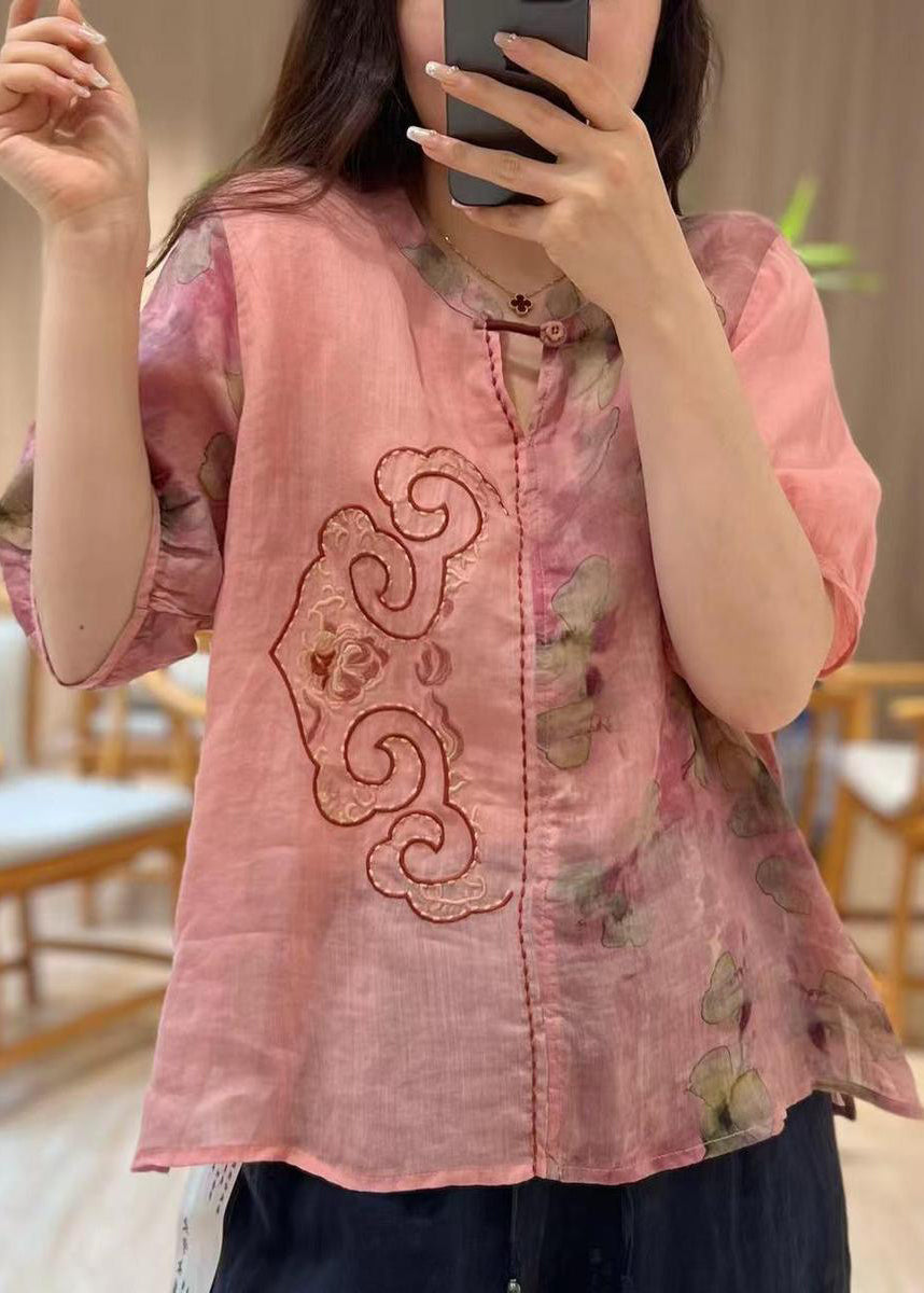Blue Embroideried Print Patchwork Linen Tops Half Sleeve