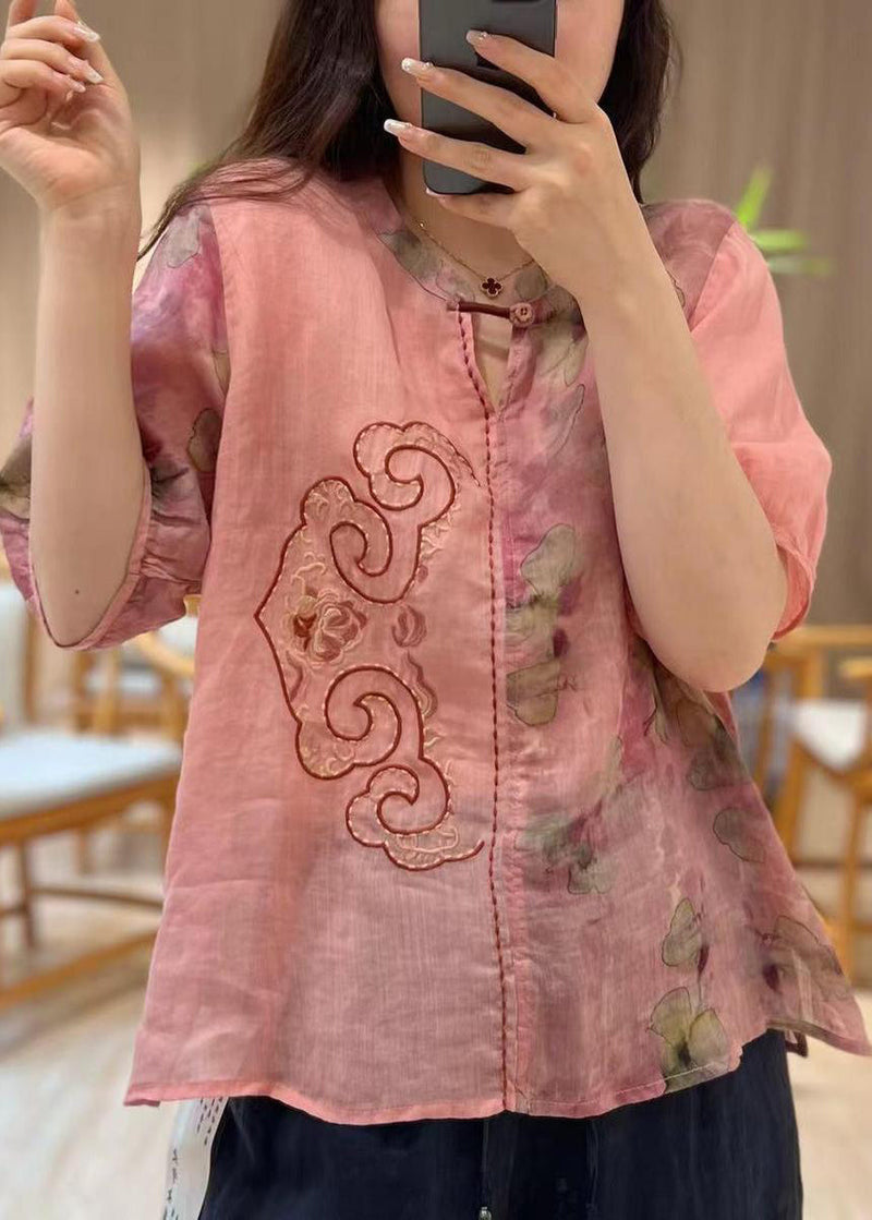 Blue Embroideried Print Patchwork Linen Tops Half Sleeve