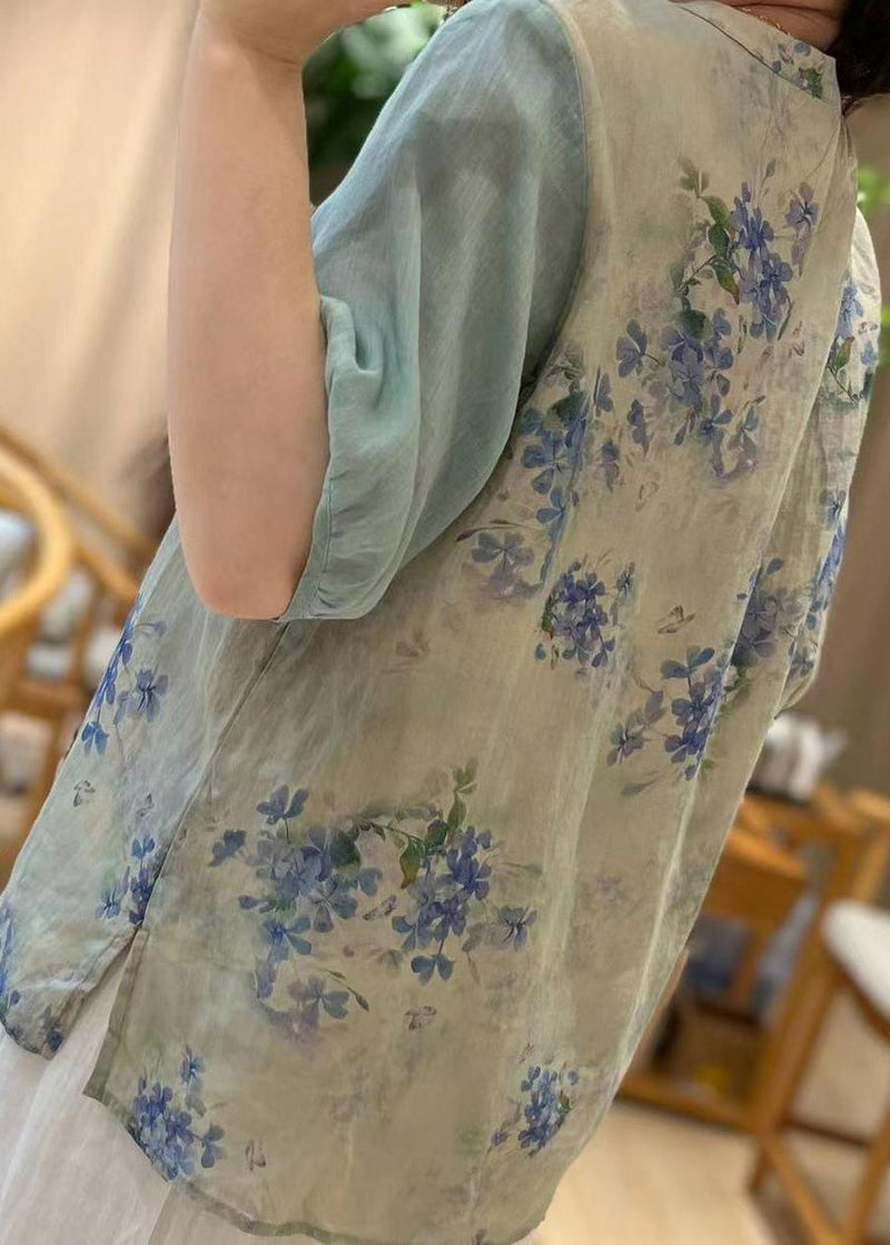 Blue Embroideried Print Patchwork Linen Tops Half Sleeve