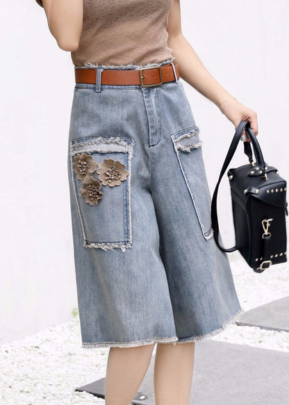 Blue High Waist Sashes Denim Crop Pants Summer