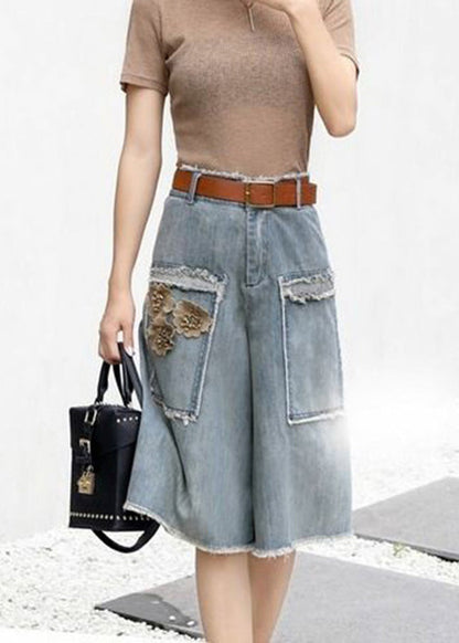 Blue High Waist Sashes Denim Crop Pants Summer