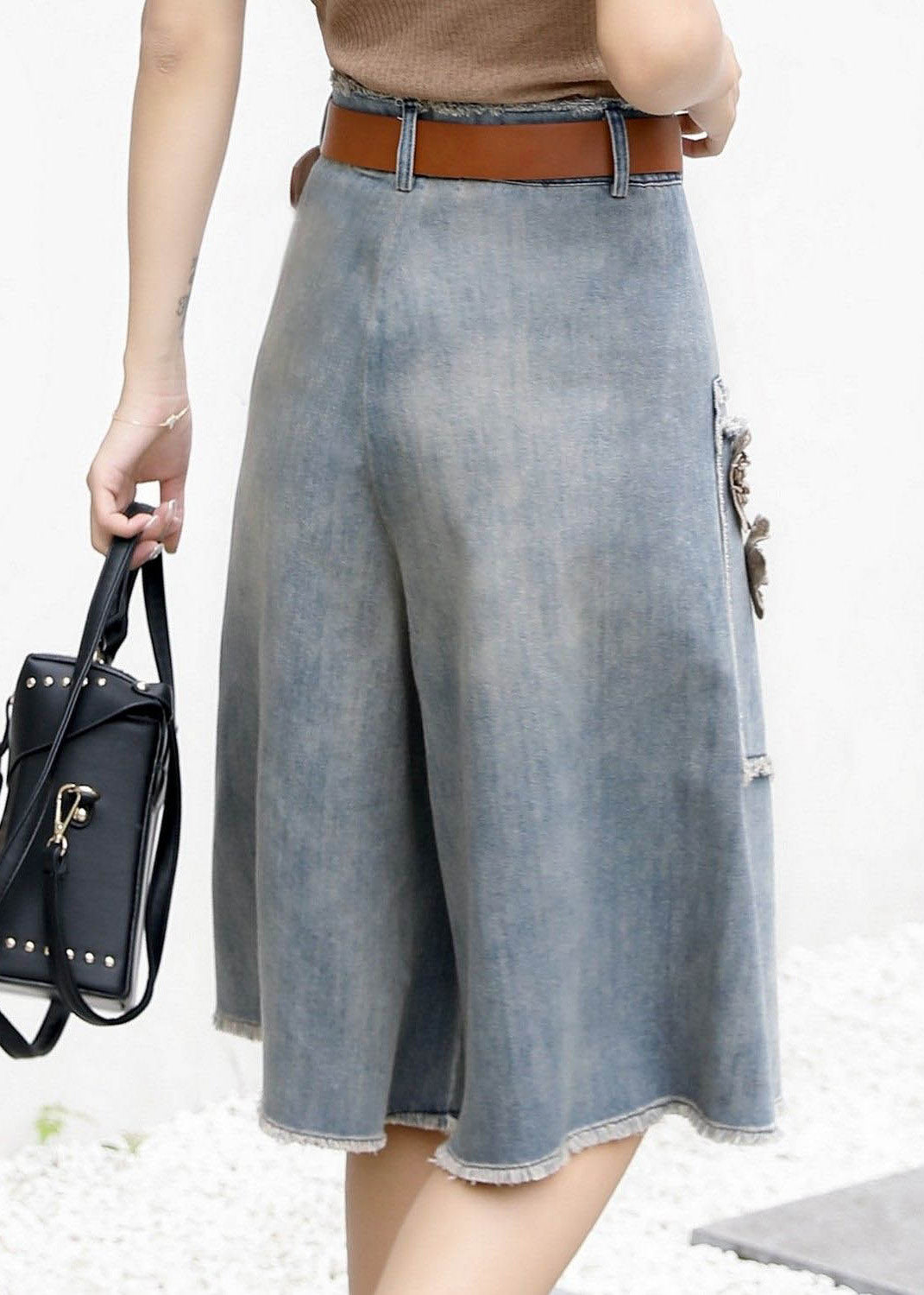 Blue High Waist Sashes Denim Crop Pants Summer