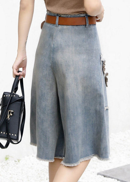 Blue High Waist Sashes Denim Crop Pants Summer