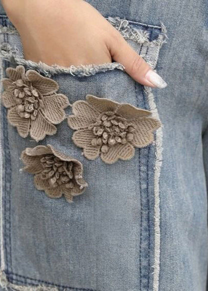 Blue High Waist Sashes Denim Crop Pants Summer