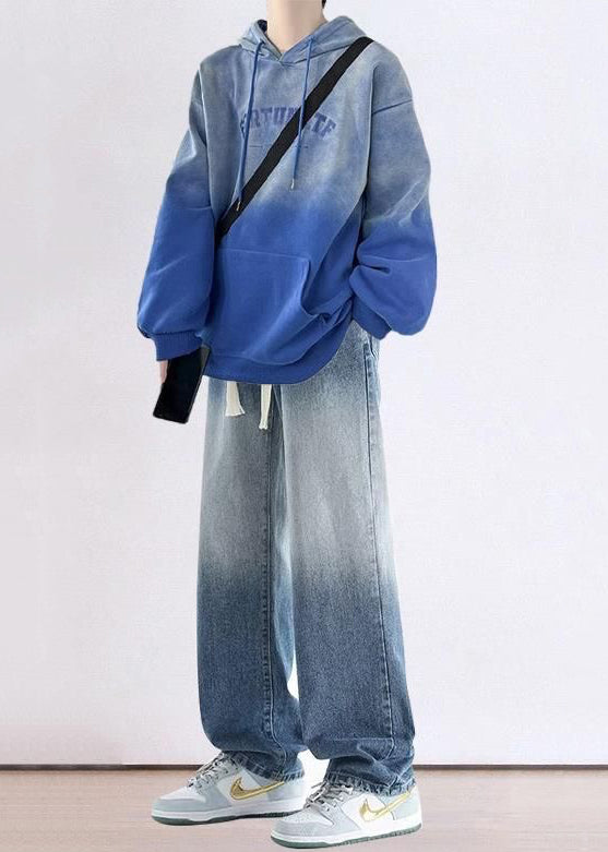 Blue Gradient Color Hooded Sweatshirts and Denim Pants Two Pieces Set Fall