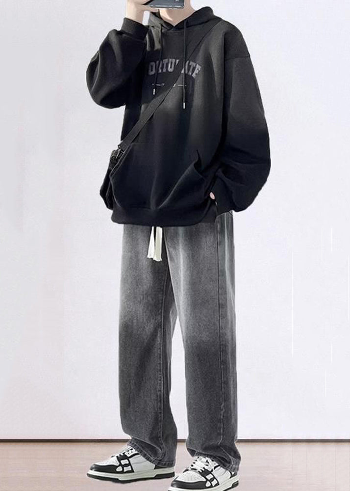 Blue Gradient Color Hooded Sweatshirts and Denim Pants Two Pieces Set Fall