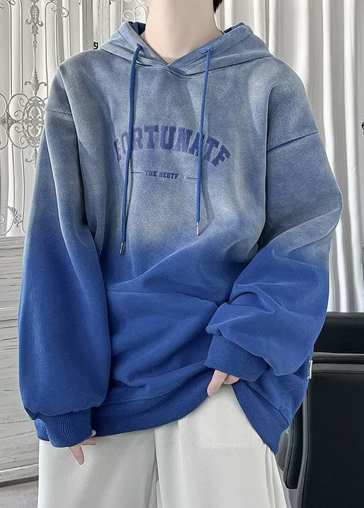 Blue Gradient Color Hooded Sweatshirts and Denim Pants Two Pieces Set Fall