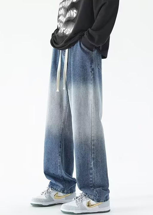 Blue Gradient Color Hooded Sweatshirts and Denim Pants Two Pieces Set Fall