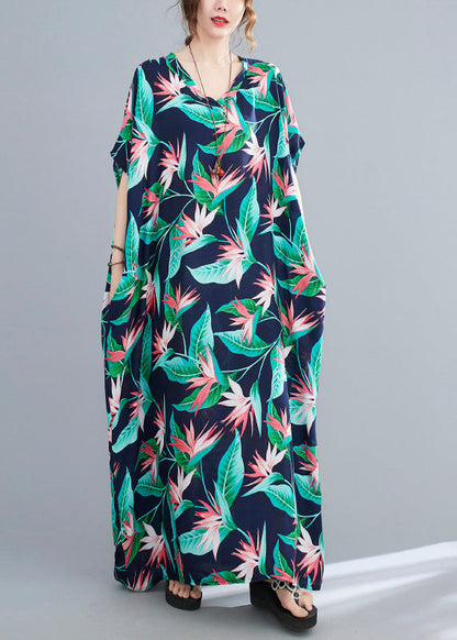 Blue Green V Neck Print Cotton Party Maxi Dress Summer
