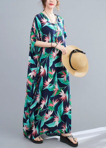 Blue Green V Neck Print Cotton Party Maxi Dress Summer
