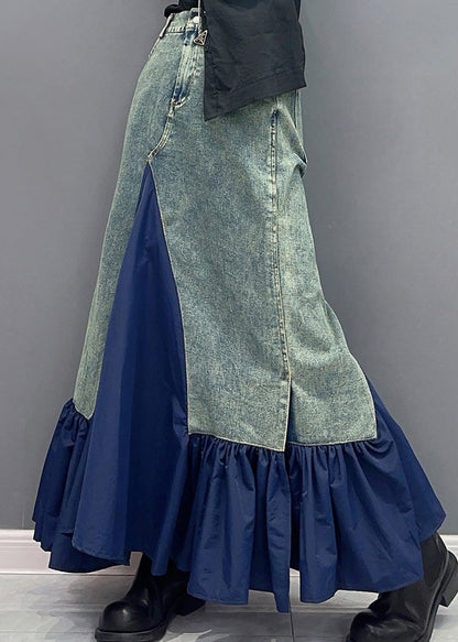 Blue High Waist Pockets Patchwork Denim Skirts