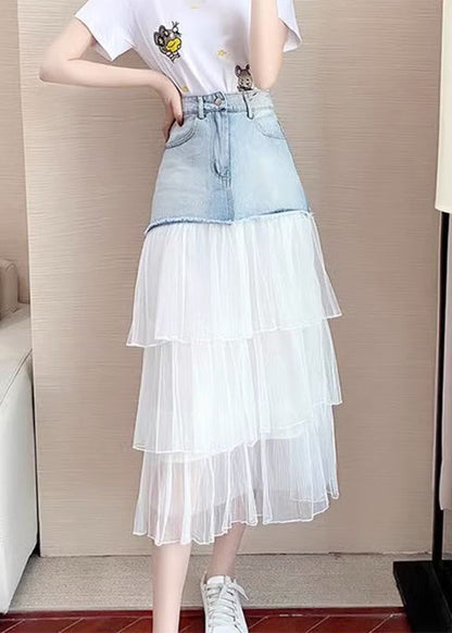 Blue High Waist Tulle Patchwork Denim a Line Skirt