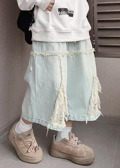 Blue Hole Elastic Waist Denim Shorts Summer