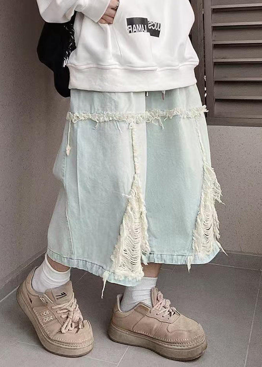 Blue Hole Elastic Waist Denim Shorts Summer