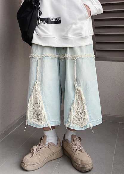 Blue Hole Elastic Waist Denim Shorts Summer