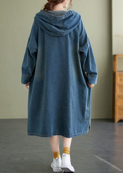 Blue Hooded Drawstring Denim Dress Spring