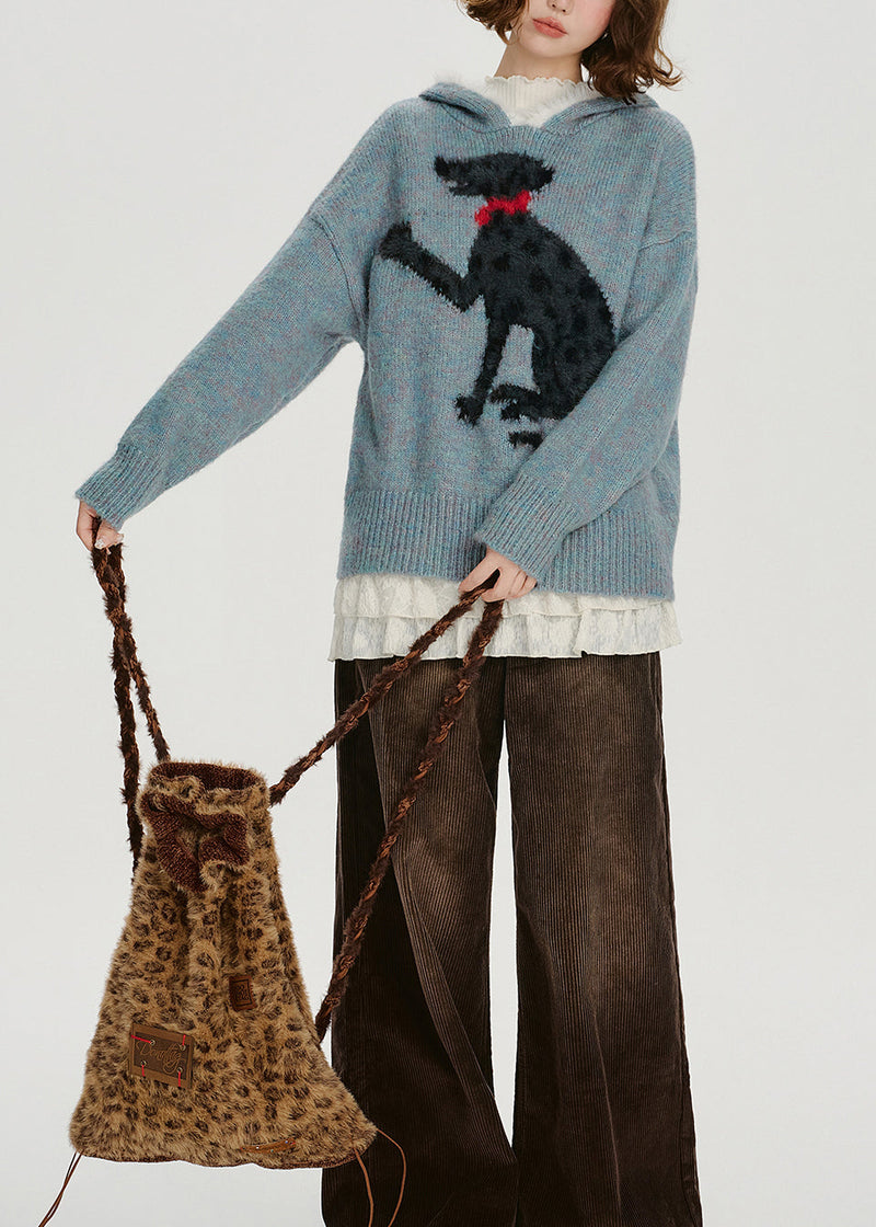 Blue Jacquard Patchwork Knit Hooded Sweater Spring
