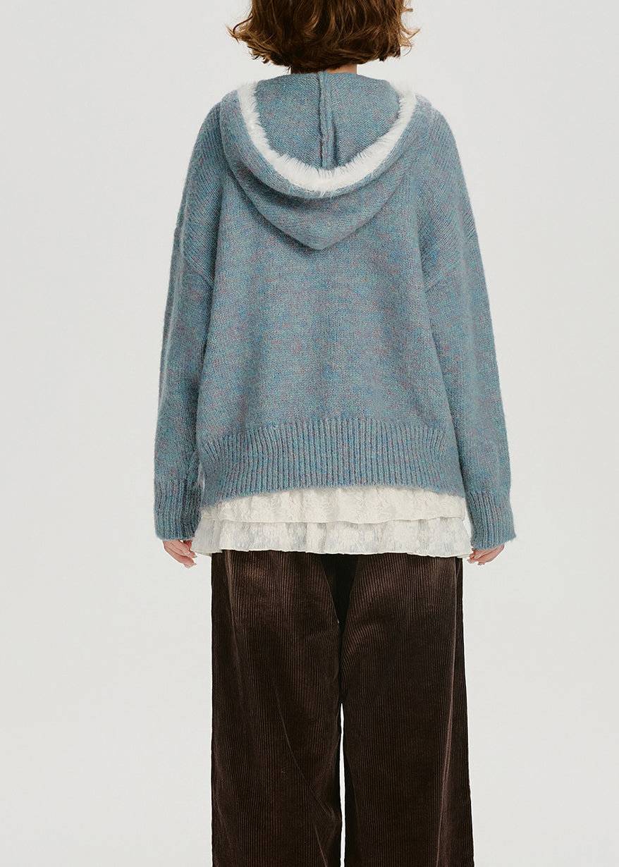 Blue Jacquard Patchwork Knit Hooded Sweater Spring