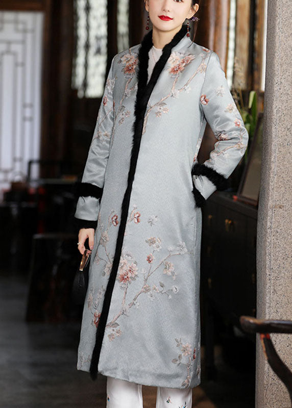 Blue Jacquard Pockets Thick Winter Cotton Parkas Long Sleeve