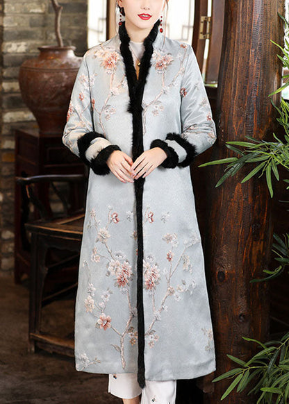 Blue Jacquard Pockets Thick Winter Cotton Parkas Long Sleeve