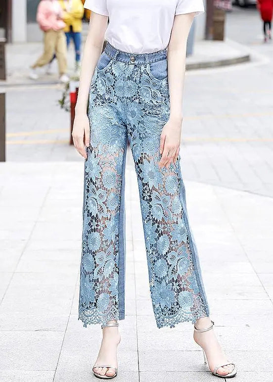 Blue Lace Hollow Out Pockets Denim Crop Pants Summer