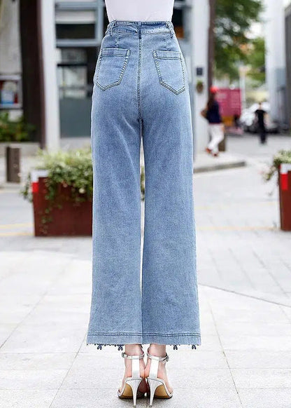 Blue Lace Hollow Out Pockets Denim Crop Pants Summer