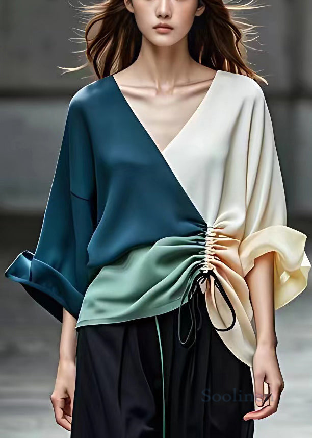 Blue Lace Up Patchwork Chiffon Shirt Bracelet Sleeve