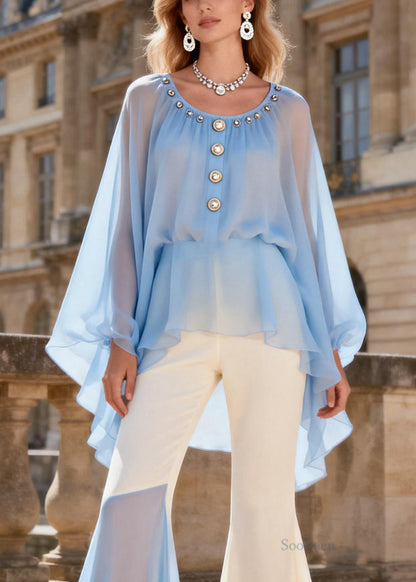 Blue O-neck Nail Bead Chiffon Shirts and Flared Trousers Two Pieces Set Lantern Sleeve