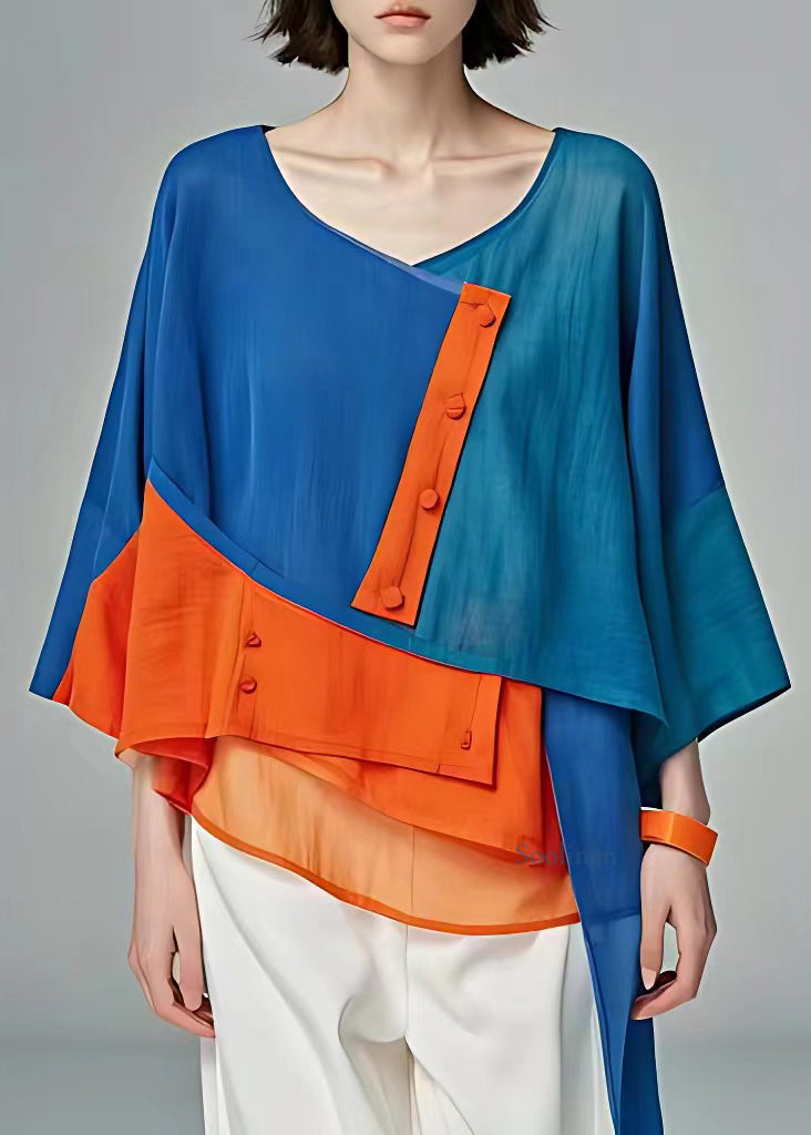 Blue O-neck Patchwork Button Top Fall
