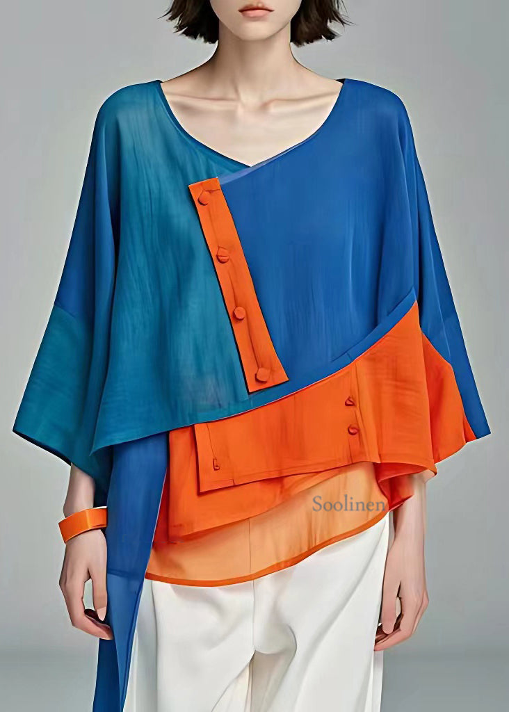 Blue O-neck Patchwork Button Top Fall