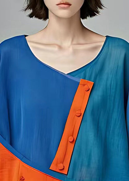 Chic Blue O-Neck Patchwork Button Top Fall