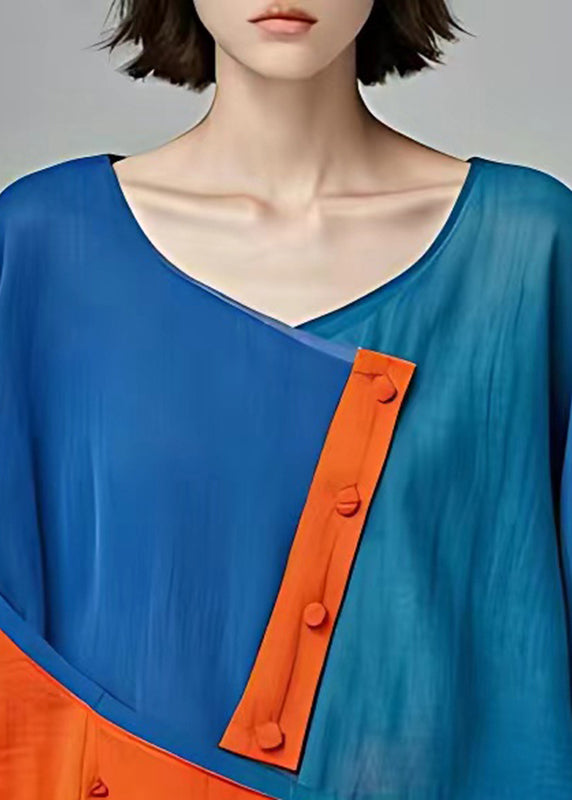 Blue O-neck Patchwork Button Top Fall