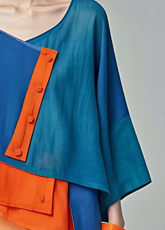 Blue O-neck Patchwork Button Top Fall