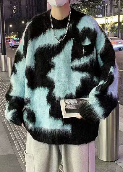 Blue O Neck Patchwork Knit Sweater Winter