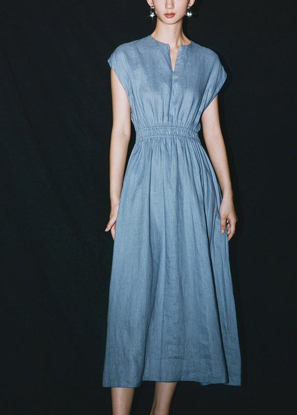 Blue O-neck Patchwork Linen Long Dresses Summer