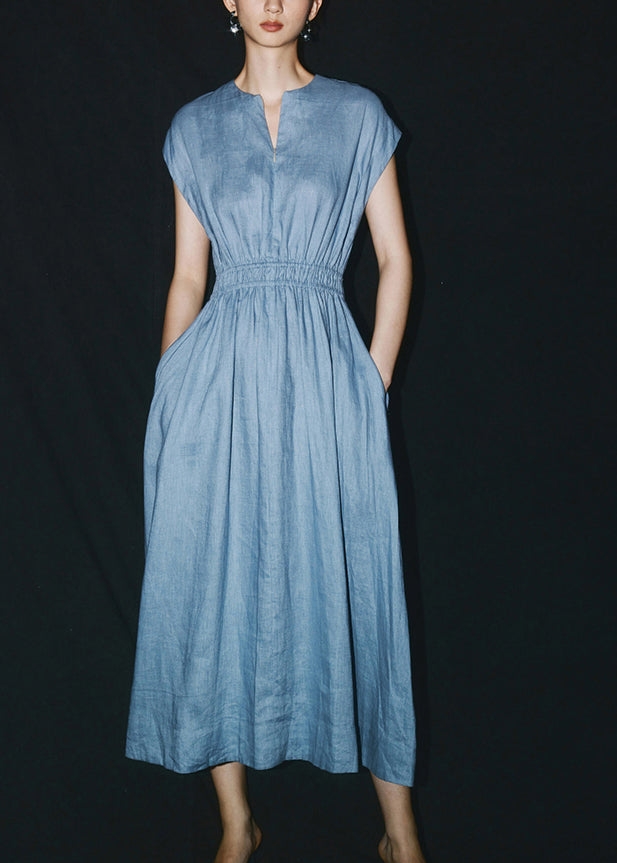Blue O-neck Patchwork Linen Long Dresses Summer