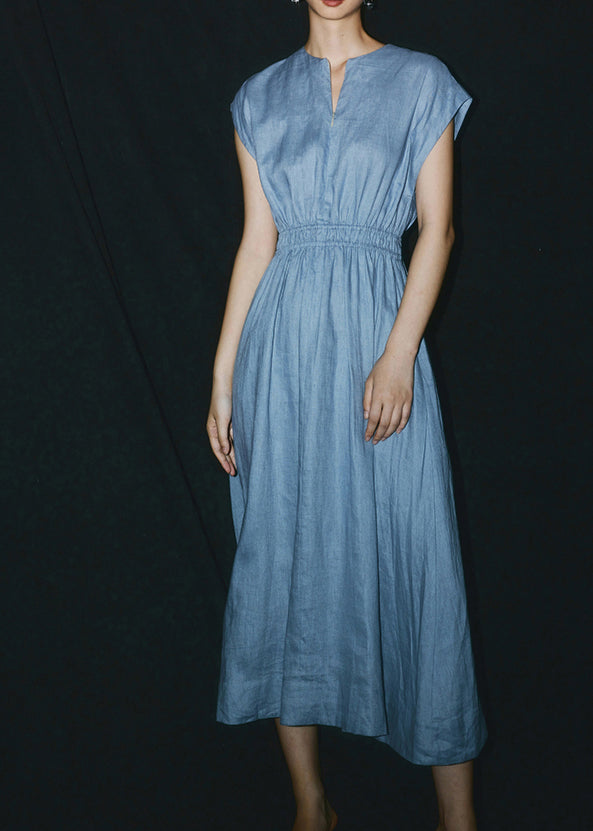 Blue O-neck Patchwork Linen Long Dresses Summer