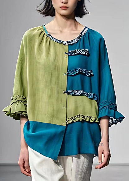 Chic Blue O-Neck Patchwork Shirt Bracelet Sleeve