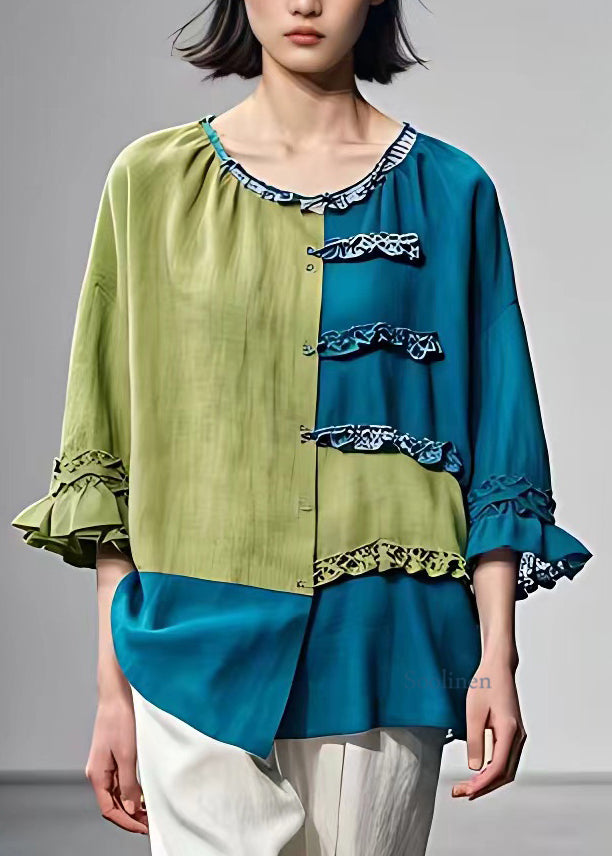 Blue O-neck Patchwork Shirt Bracelet Sleeve