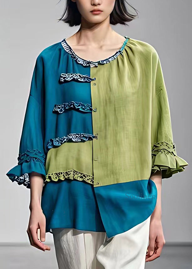 Blue O-neck Patchwork Shirt Bracelet Sleeve