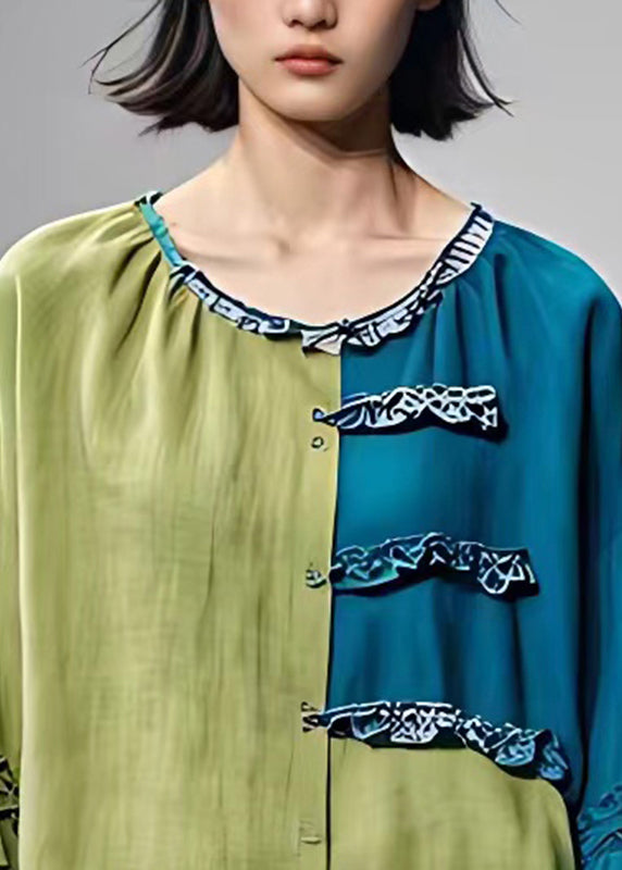 Blue O-neck Patchwork Shirt Bracelet Sleeve