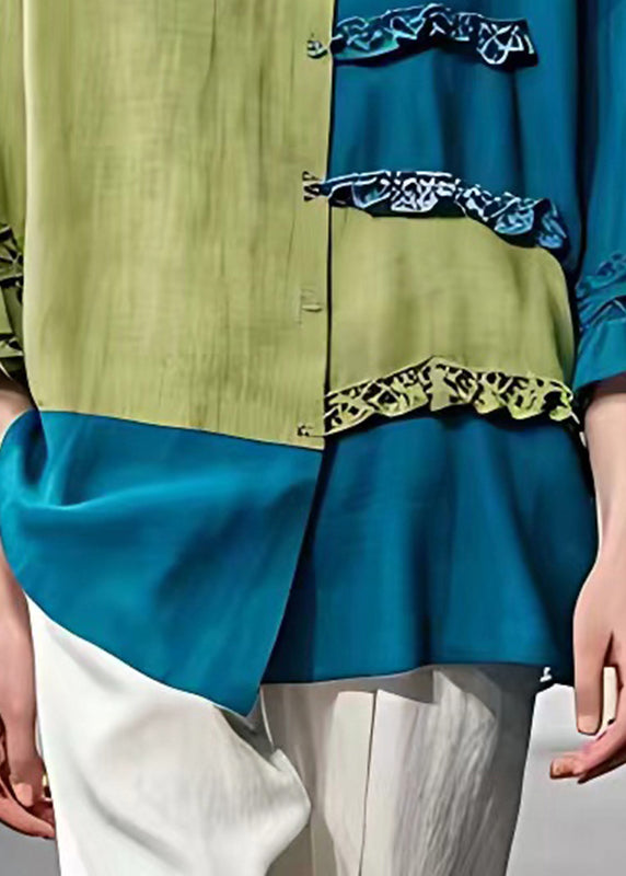 Blue O-neck Patchwork Shirt Bracelet Sleeve